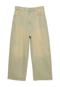 Jeans a gamba larga in denim verde chiaro sbiadito. Presentano un alto punto vita, tasche frontali e cuciture sottili. Texture liscia con una vestibilità rilassata.