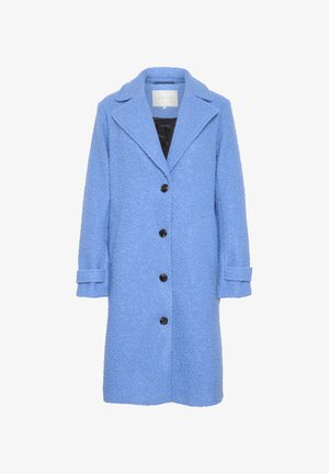 Blauer strukturierter Mantel mit gerader Silhouette, großen Revers und fünf schwarzen Knöpfen. Verfügt über umgeschlagene Ärmel und ein schwarzes Innenfutter.