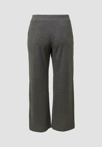 Szare, szerokie spodnie wykonane z miękkiego materiału, z elastycznym pasem i bezszwowym fasonem, bez kieszeni. Obszycie jest proste i eleganckie.