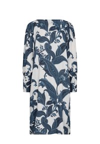 Šaty s květinovým vzorem a dlouhými rukávy, s modrým designem na bílém pozadí. Vyrobené z měkké tkaniny s uvolněným střihem.