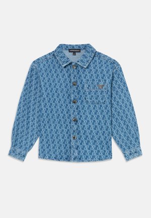 Denim button-up shirt in blue featuring an all-over EA logo pattern, long sleeves, a collar, and a chest pocket with an embroidered logo.