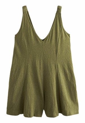 Combinaison courte sans manches vert olive avec un profond décolleté en V et des bretelles froncées aux épaules, caractérisée par une coupe ample et fluide.
