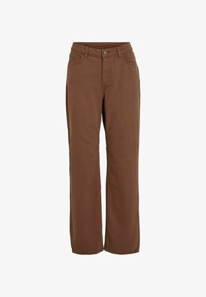 Brūni platai kājām paredzēti bikses, kas izgatavotas no mīksta kokvilnas auduma, ar priekšējo pogu aizdari, jostu cilpām un divām sānu kabatām.