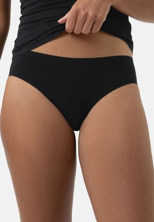 Slip bikini neri con un design liscio e aderente e vita mediamente alta. Realizzati in tessuto elastico e leggero, adatto per costumi da bagno.