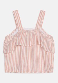 Randig ärmlös topp i mjuk rosa och vit, med lager av volanger och blottade axlar. Tillverkad av lättviktig tyg.