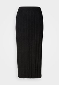 Fustă midi neagră cu pliseuri verticale, realizată dintr-un material texturat. Dispune de un brâu elastic pentru confort. Design sofisticat și versatil.