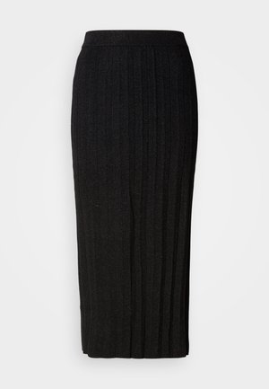 Fustă midi neagră cu pliseuri verticale, realizată dintr-un material texturat. Dispune de un brâu elastic pentru confort. Design sofisticat și versatil.