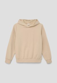 Beige hoodiesweater gemaakt van zachte stof, met lange mouwen, ribgebreide manchetten en zoom, en een eenvoudig ontwerp zonder logo's.