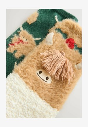 Gants douillets et moelleux ; l'un a un visage de créature brune duveteuse avec une touffe beige, l'autre est vert avec des accents rouges et un design fantaisiste.