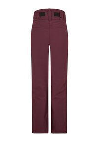 Burgunderfarbene Skihosen aus einem glatten, strapazierfähigen Stoff. Sie verfügen über einen verstellbaren Bund mit Klettverschluss, gerade Beine und ein minimalistisches Design.