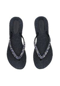 Ciabatte nere con suola testurizzata, dotate di una fascia decorata con perline nei toni blu e argento. Progettate per il comfort con una forma semplice e piatta.