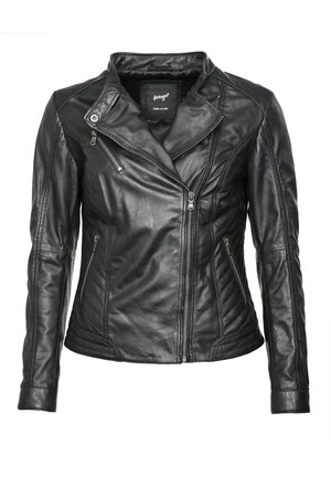 Sort læder motorcykeljakke med en tætsiddende pasform, asymmetrisk lynlås, quiltede detaljer og lynlåslommer. Glat tekstur.
