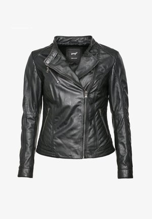 Musta nahkainen moottoripyörätakki, joka on muotoiltu istuvaksi, epäsymmetrisellä vetoketjulla, tikatuilla yksityiskohdilla ja vetoketjullisilla taskuilla. Sileä pinta.