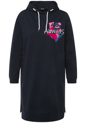 Marineblauwe hoodie jurk van katoen, met een kleurrijk grafisch ontwerp en de tekst "ALWAYS" aan de voorkant en zijsplitten.