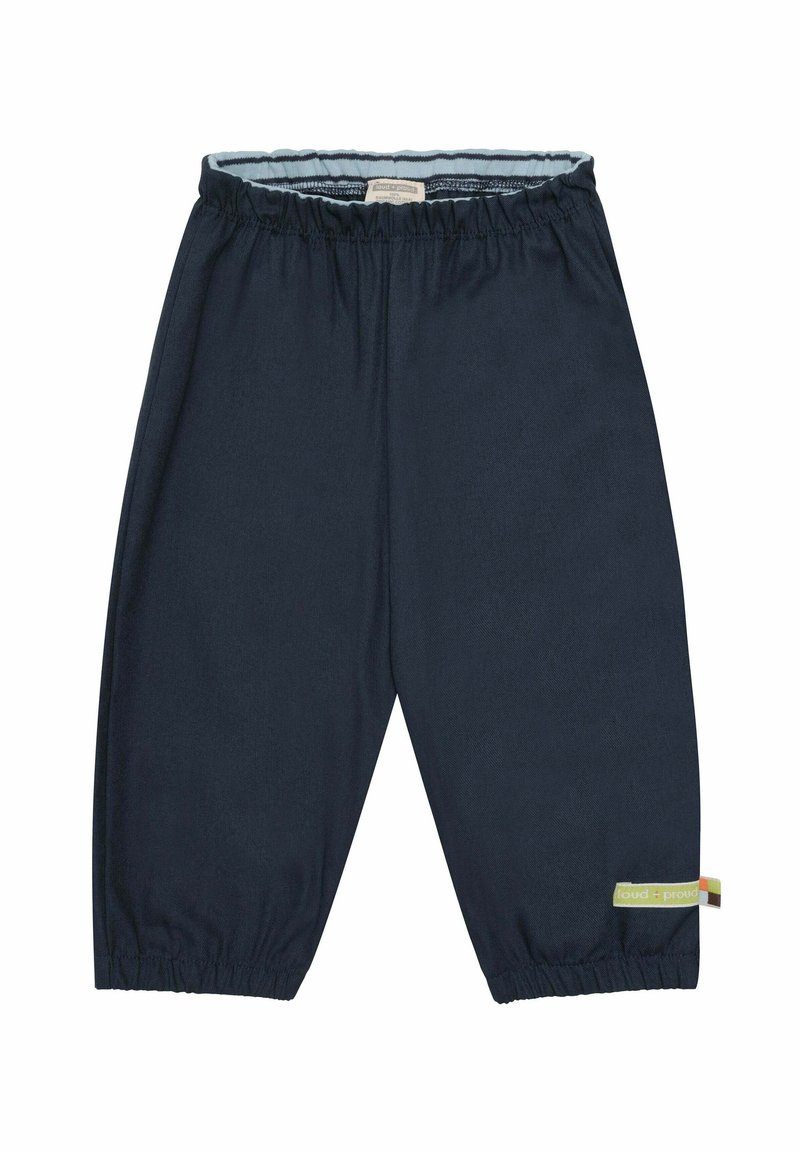 Marineblauwe kinderbroeken van zacht materiaal, met een elastische tailleband en opgerolde uiteinden. Inclusief een klein gekleurd label aan de zijkant.