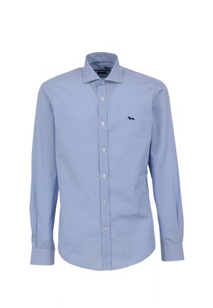 Lichtblauw overhemd met lange mouwen en knopen, voorzien van een gestreept patroon, een klassieke kraag en een klein marineblauw logoaccent op de borst.