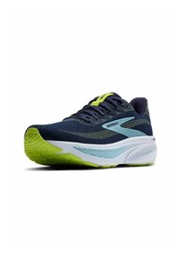 Scarpe da corsa da uomo in blu navy e azzurro con accenti verde neon. Presentano una tomaia in rete, una suola ammortizzata e un battistrada testurizzato.