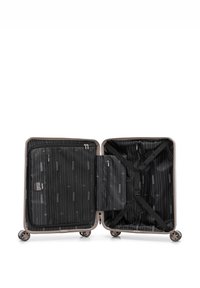 Hartschalenkoffer mit vier Rollen. Außenseite ist silberfarben. Innenraum verfügt über schwarzen Stoff mit weißen vertikalen Streifen, Reißverschlusstaschen und Gurte.