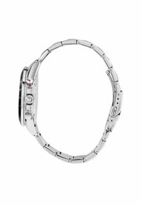 Zilveren metalen horloge met een ronde zwarte wijzerplaat, chronograaf functies en een schakelarmband ontwerp. Opvallende drukknoppen en een veilige sluiting.