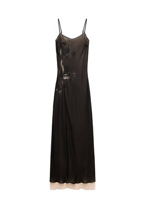 Robe nuisette noire transparente avec fines bretelles, ornée d'une broderie florale sur un côté et d'un ourlet beige en sous-couche.