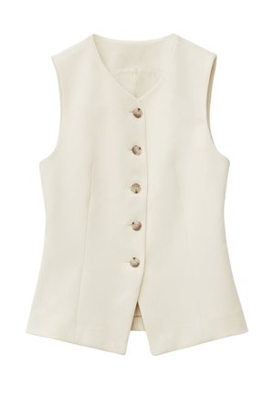 Ivory sleeveless vest with a V-neckline, five button closures, and structured design. The fabric appears textured and tailored.