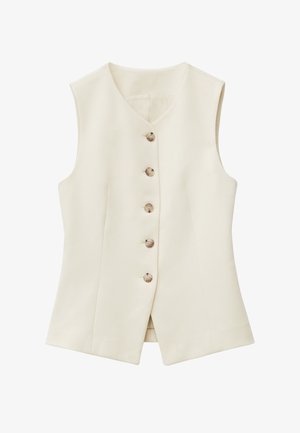 Elfenbeinfarbene ärmellose Weste mit V-Ausschnitt, fünf Knopfverschlüssen und strukturierter Gestaltung. Der Stoff wirkt texturiert und maßgeschneidert.