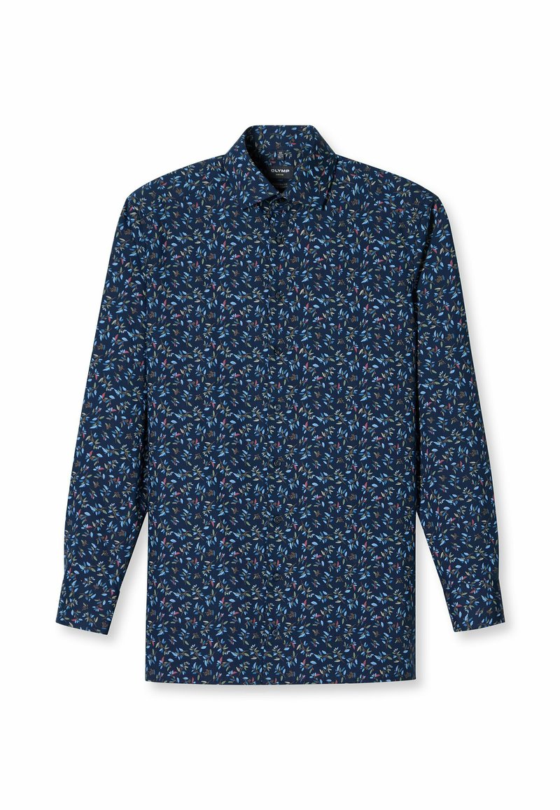 Marineblaues Hemd mit langen Ärmeln und Knöpfen, das ein mehrfarbiges Blumenmuster auf einem strukturierten Stoff aufweist. Klassisches Kragen-Design.