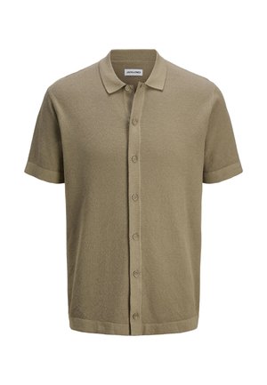 Kortärmad polo shirt i olivgrön, design med knäppning fram, strukturerad stickad tyg, rak nederkant och ribbad krage och ärmslut.