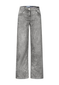Grijze wijde spijkerbroek van denim, met een vervaagde was en decoratieve gestifte accenten door de stof. Klassiek vijf-pocket ontwerp.