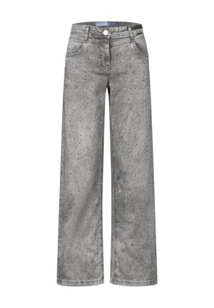 Grijze wijde spijkerbroek van denim, met een vervaagde was en decoratieve gestifte accenten door de stof. Klassiek vijf-pocket ontwerp.
