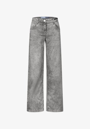 Gray wide-leg jeans made of denim, featuring a faded wash and decorative studded accents throughout the fabric. Classic five-pocket design.