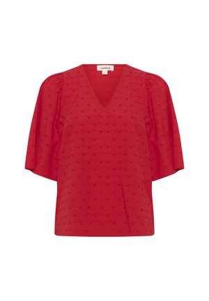 Rode blouse met korte mouwen en een V-hals, voorzien van een textuurpatroon en licht opbollende mouwen. Gemaakt van lichte stof.