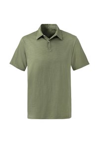 Poloshirt in Olivgrün, aus einem weichen, strukturierten Stoff, mit klassischem Kragen, Drei-Knopf-Leiste und kurzen Ärmeln.