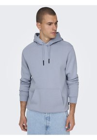 Sudadera azul celeste hecha de tela suave, con un bolsillo canguro, capucha con cordón, puños acanalados y un ajuste relajado.
