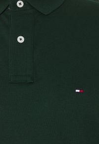 Temně zelené polo tričko se dvěma bílými knoflíky a malým obdélníkovým logem v červené, bílé a námořnické modré barvě na hrudi.
