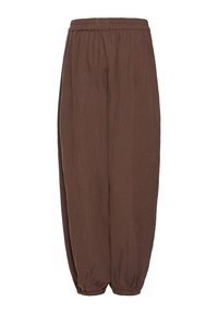 Pantalon marron à coupe ample avec taille élastique et bas resserrés élastiqués, en tissu léger.