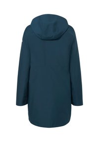 Marineblauwe waterdichte parka met een capuchon, lange mouwen en een relaxte fit. Glad textuur zonder zichtbare patronen of hardware-details.