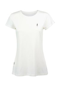 Witte katoenen t-shirt met korte mouwen, ronde halslijn en een klein, geborduurd boomlogo op de borst. Zachte textuur, casual ontwerp.