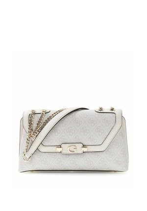 Sac à main de créateur blanc avec surface à motifs, bandoulière chaîne dorée et fermoir central doré avec le logo "G".