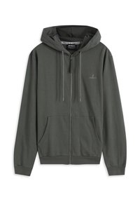 Sudadera con capucha verde oscuro con cremallera, hecha de tela suave, con un bolsillo delantero, capucha con cordón ajustable y un pequeño logo en el pecho.