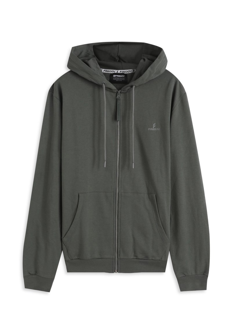 Sudadera con capucha verde oscuro con cremallera, hecha de tela suave, con un bolsillo delantero, capucha con cordón ajustable y un pequeño logo en el pecho.