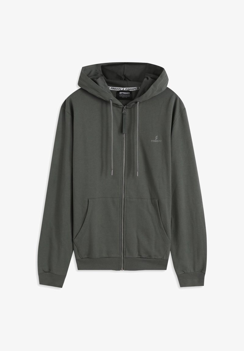 Sudadera con capucha verde oscuro con cremallera, hecha de tela suave, con un bolsillo delantero, capucha con cordón ajustable y un pequeño logo en el pecho.