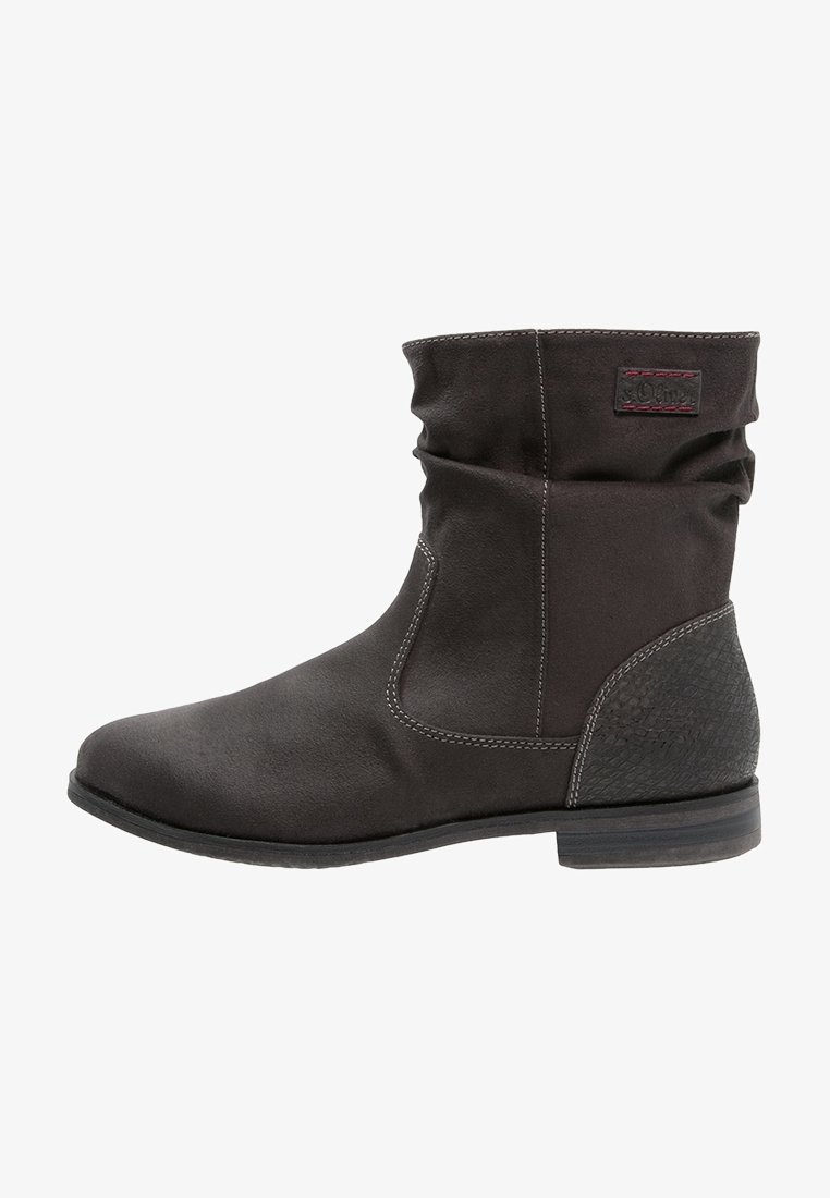 Botte mi-mollet en daim brun foncé avec un léger effet froissé, patch de talon texturé, surpiqûres contrastées et semelle plate.