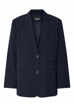 Tamsiai mėlynas švarkas, pagamintas iš lygios medžiagos, su įpjovimu apykakle, dviem priekinėmis kišenėmis ir dviem mygtukais. Paprastas, struktūrizuotas dizainas.