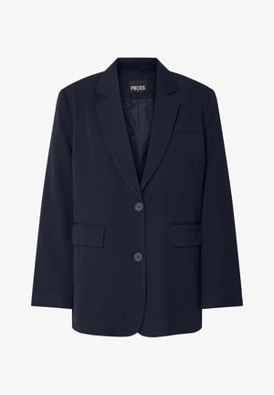 Tamsiai mėlynas švarkas, pagamintas iš lygios medžiagos, su įpjovimu apykakle, dviem priekinėmis kišenėmis ir dviem mygtukais. Paprastas, struktūrizuotas dizainas.