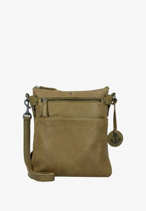 Borsa a tracolla in pelle marrone chiaro con tasca frontale con zip, tracolla regolabile e un charm a forma di ancora rotondo. Texture liscia, design minimalista.