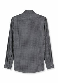 Long-sleeve shirt featuring a dark pattern with circular designs, collared neckline, and buttoned cuffs. Made from soft, textured fabric.