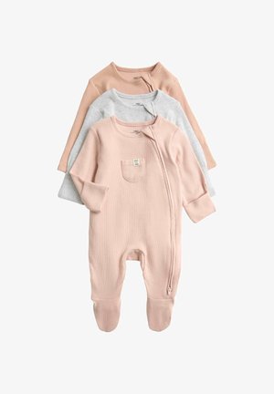 Drei gerippte Langarm-Schlafanzüge für Babys in Beige, Grau und Hellrosa mit durchgehendem Zipper und einer kleinen Brusttasche auf dem rosa Schlafanzug.