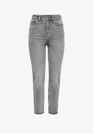 Jeans in denim a vita alta di colore grigio sbiadito con taglio dritto. Presentano un classico stile a cinque tasche e una leggera abrasivatura sul davanti.