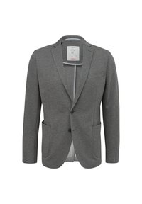 Grau blazer aus strukturiertem Stoff. Verfügt über einen Reverskragen, zwei Vorderaschen und einen Ein-Knopf-Verschluss. Enthält eine Innenauskleidung.
